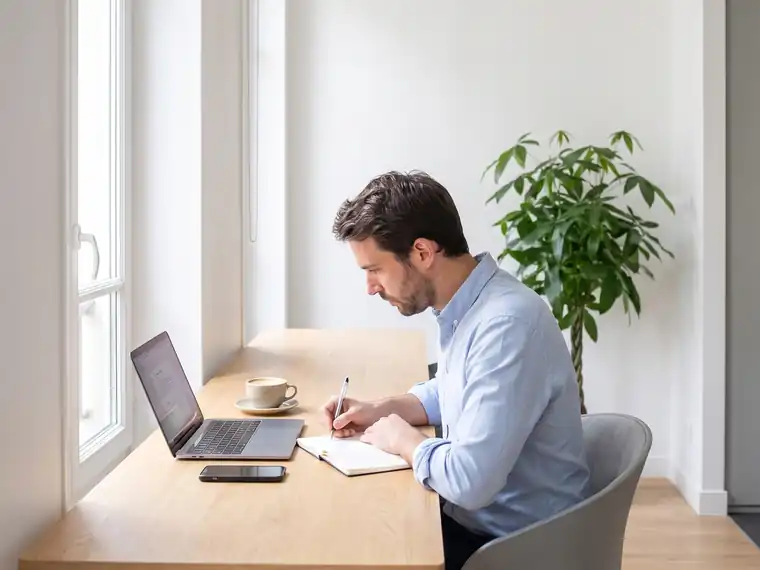 Travailleur indépendant à son bureau, ordinateur portable et carnet de notes