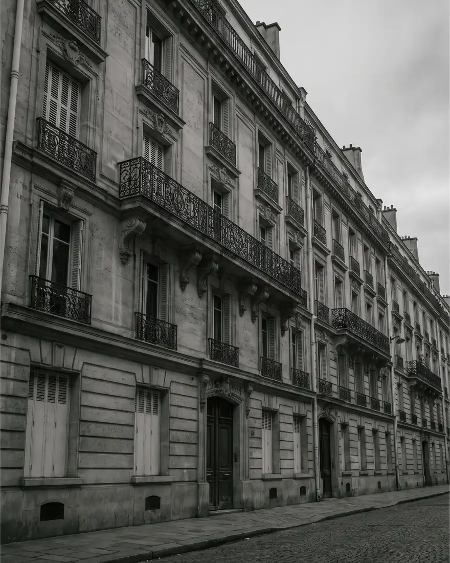 Façade haussmannienne parisienne et ses balcons en fer forgé, vue depuis le trottoir.