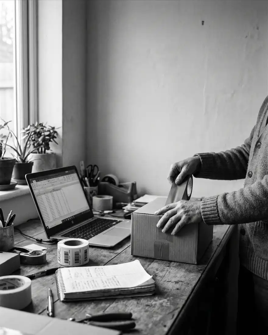 Les mains d’un artisan fermant un colis sur un petit bureau d’atelier.