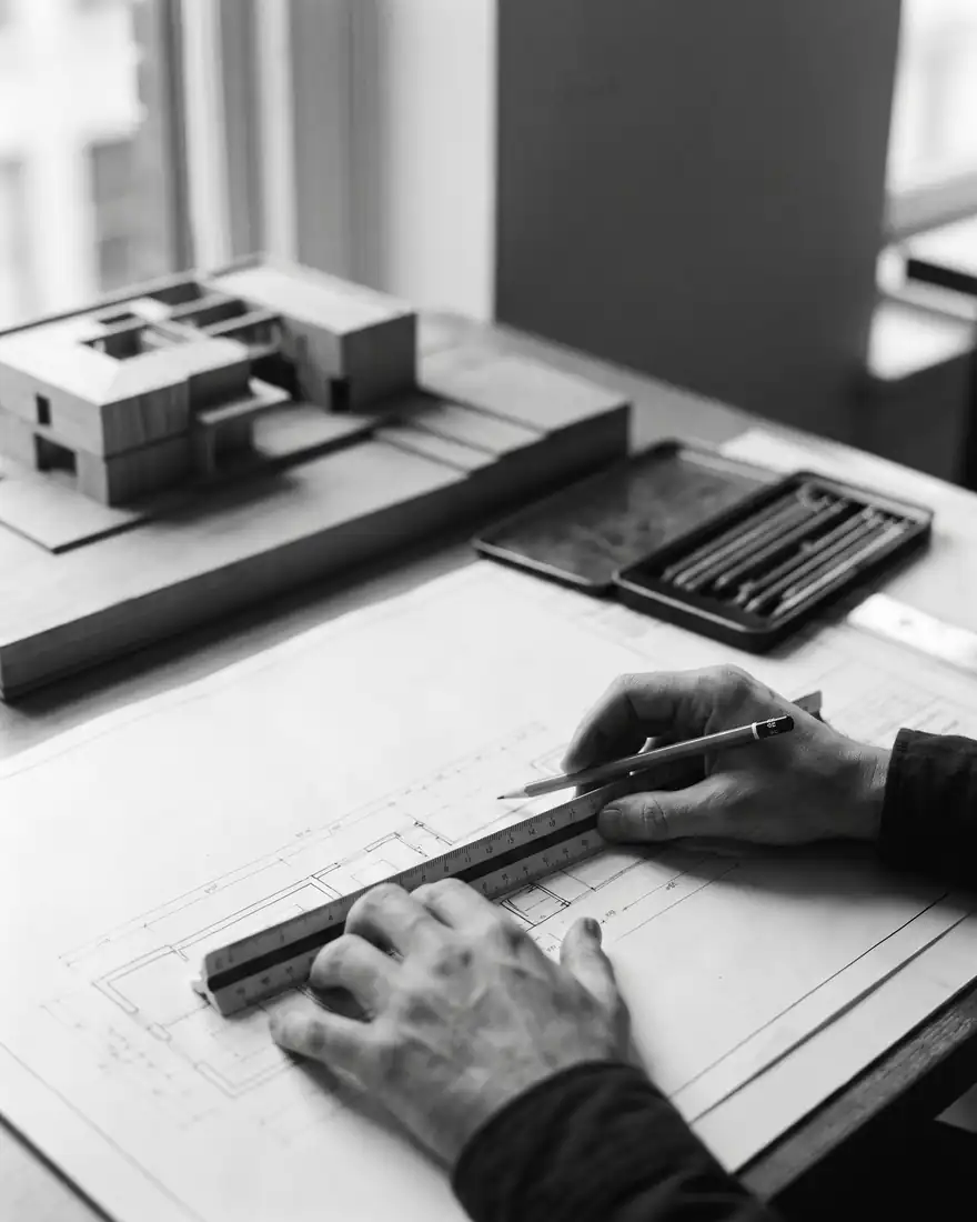 Les mains d’un architecte, réglet et crayon, sur un plan technique déroulé.